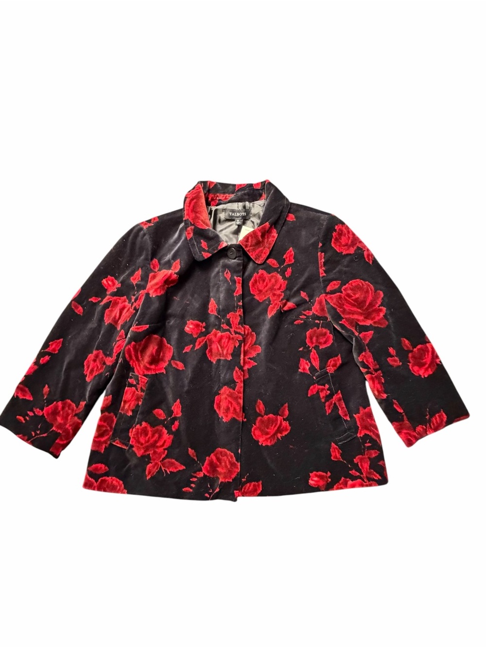 Talbots Black Velvet Jacket Blazer Red Roses Floral Career Lined Size 10 $189